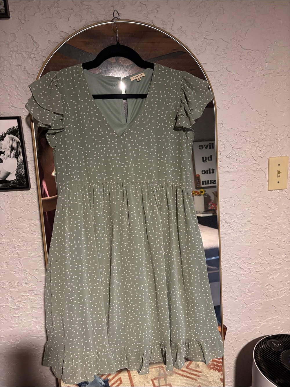 Women's Sage Green Polka Dot Ruffle Dress with Layered Flutter Sleeve